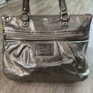 Coach Poppy Glam Metallic Grey Leather Tote Bag Purse